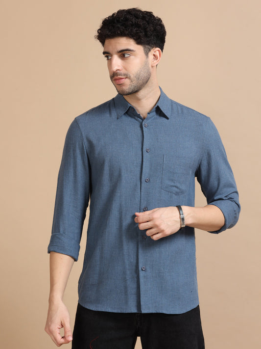 Men Classic Blue Solid Shirt