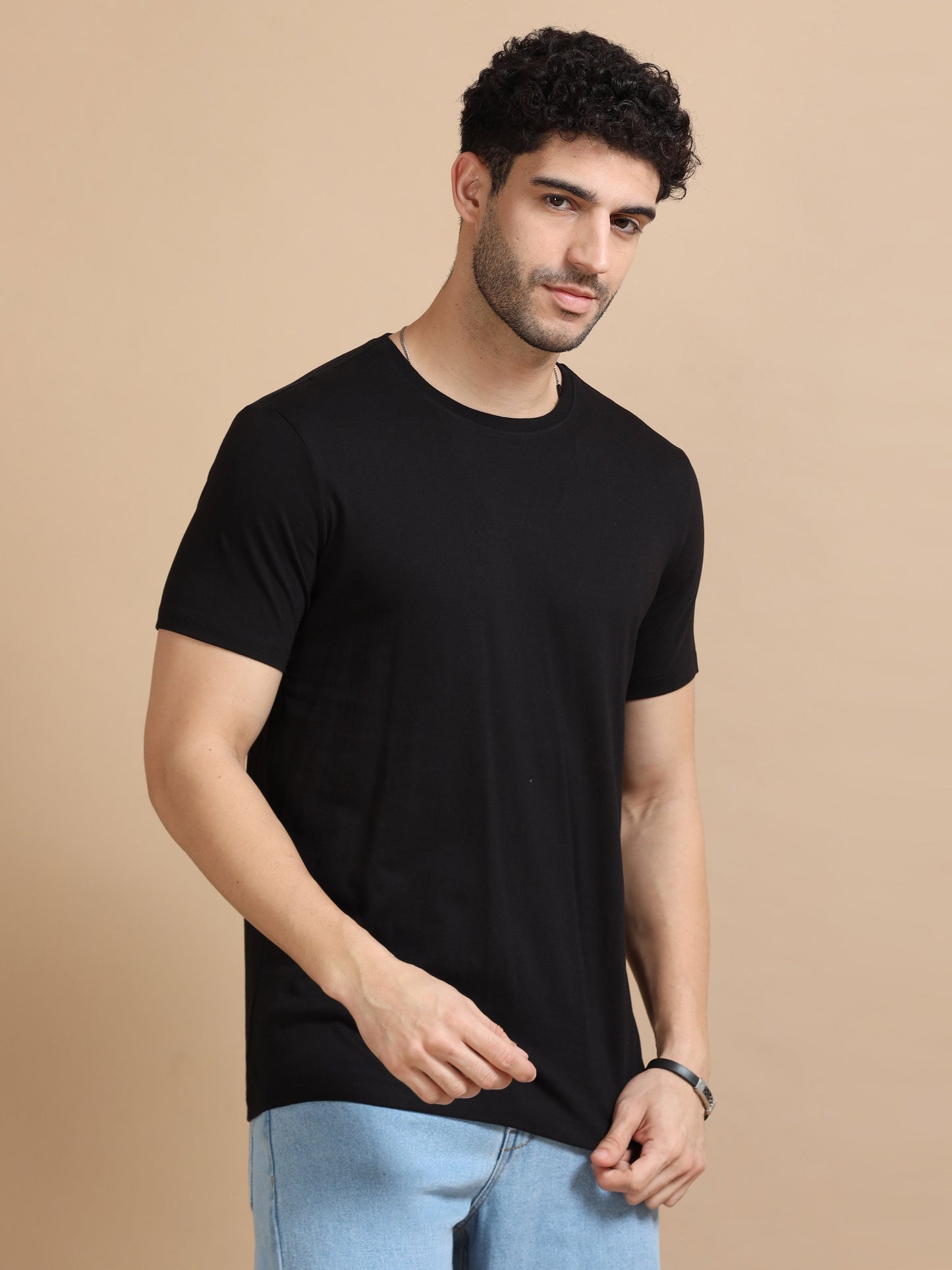 Crew Neck Men Solid T-Shirt - Black