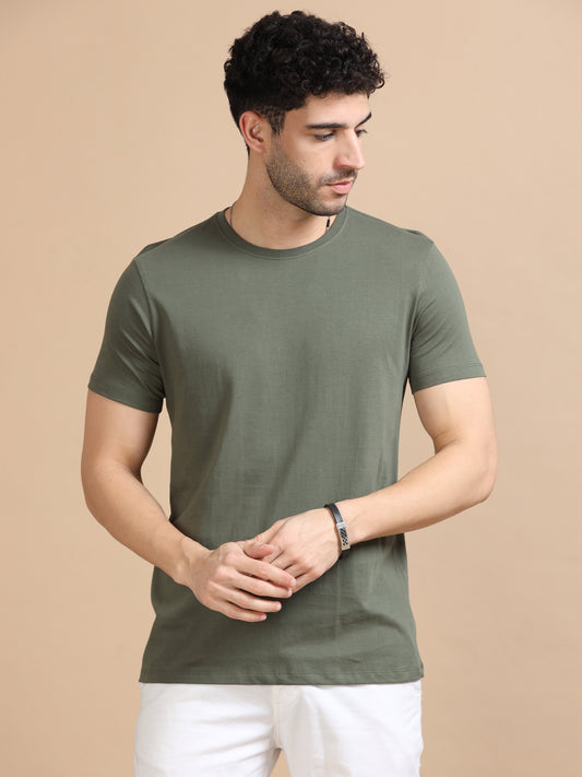 Crew Neck Men Solid T-Shirt - Olive