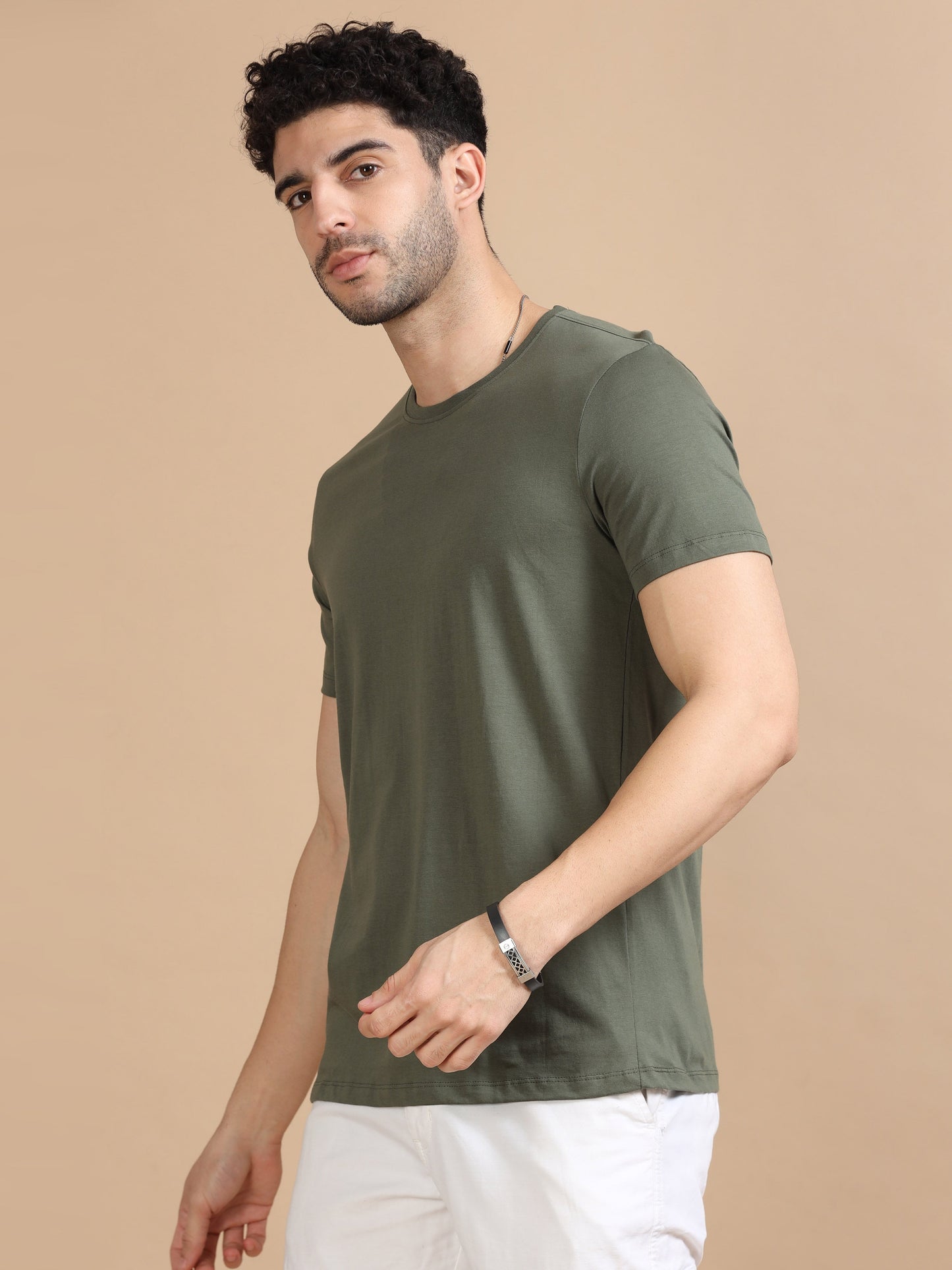 Crew Neck Men Solid T-Shirt - Olive