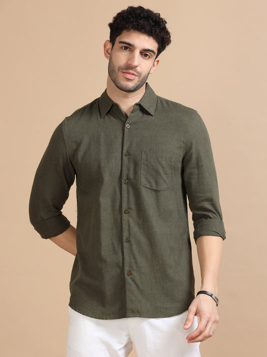 Men Classic Dark Olive Solid Shirt