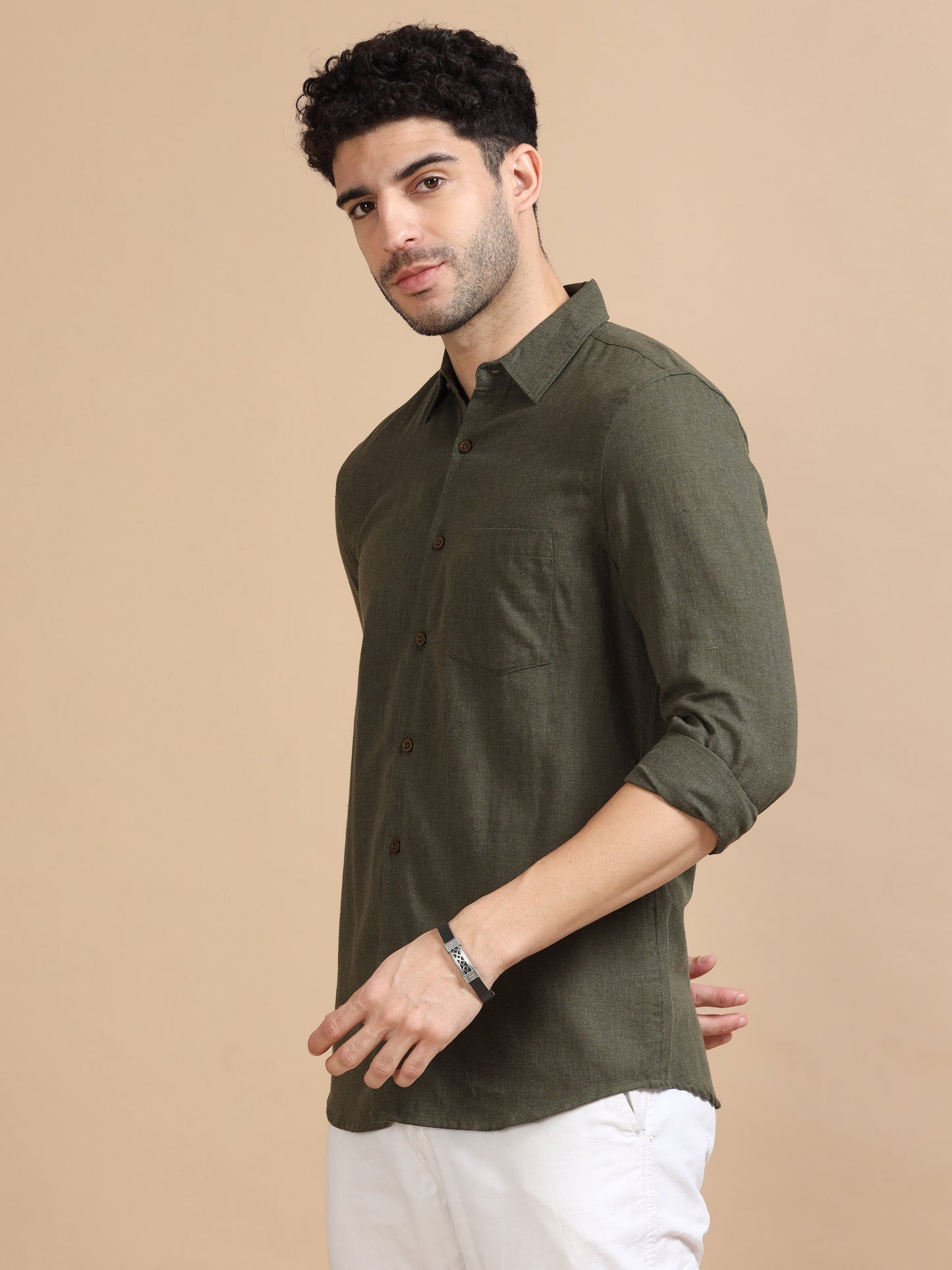 Men Classic Dark Olive Solid Shirt