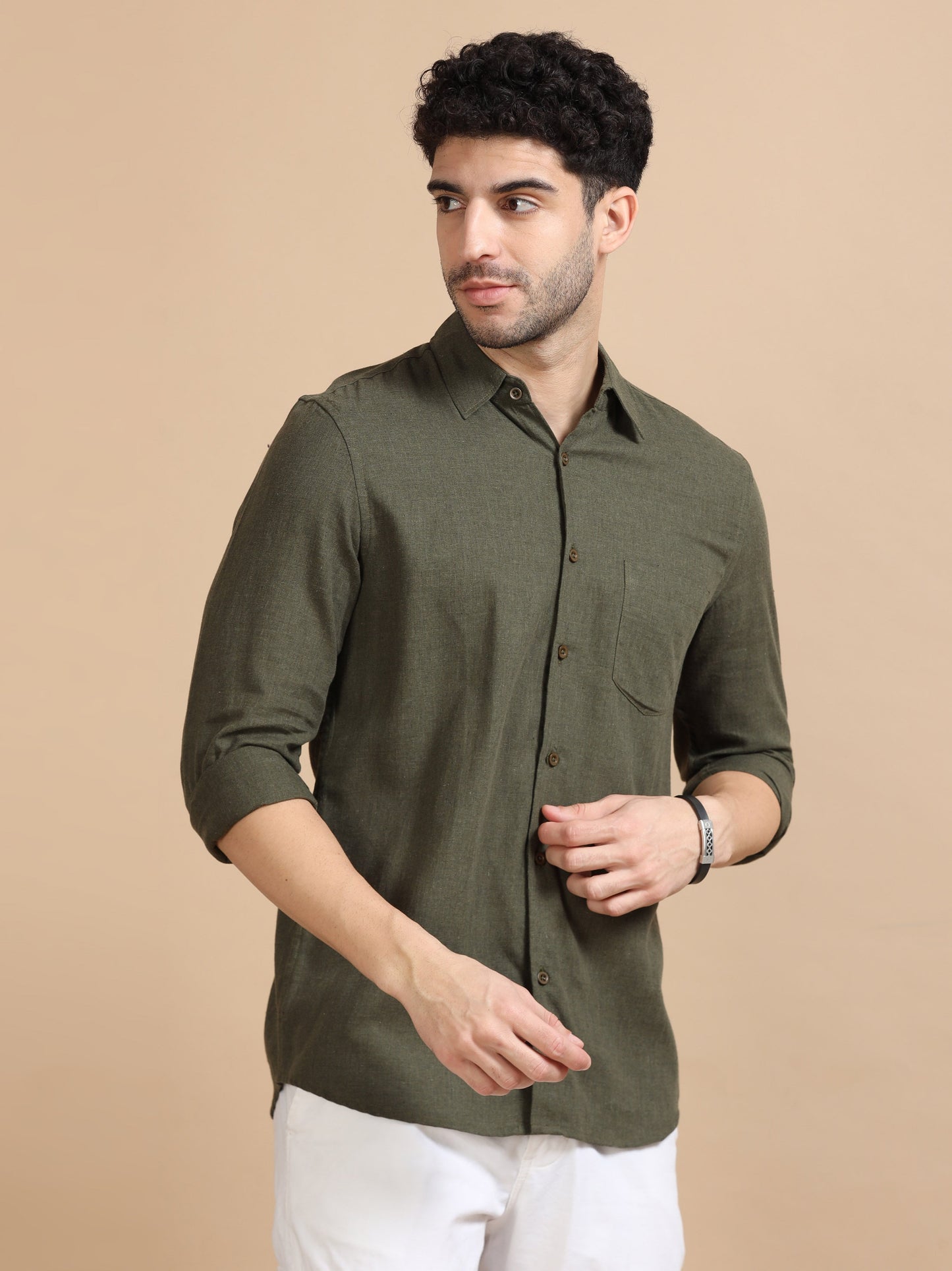 Men Classic Dark Olive Solid Shirt