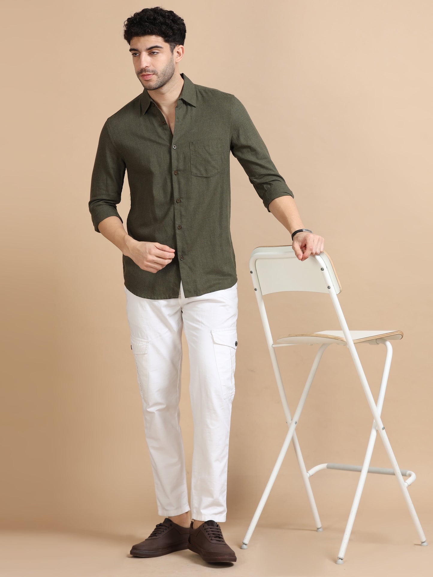 Men Classic Dark Olive Solid Shirt