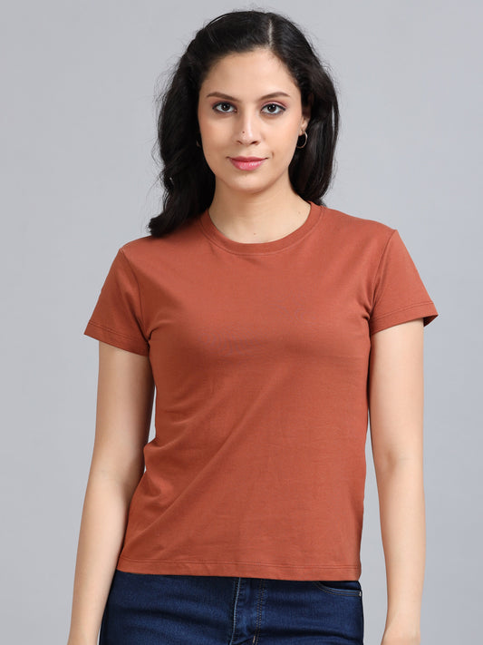 Crew Neck Women Solid T-Shirt - Dull Orange