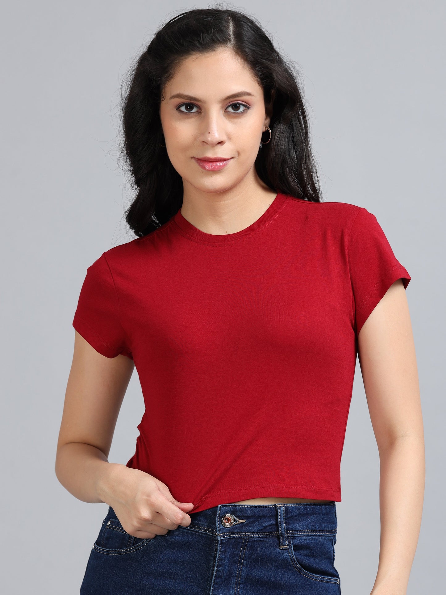 Women Crew Neck Crop Tee - Red