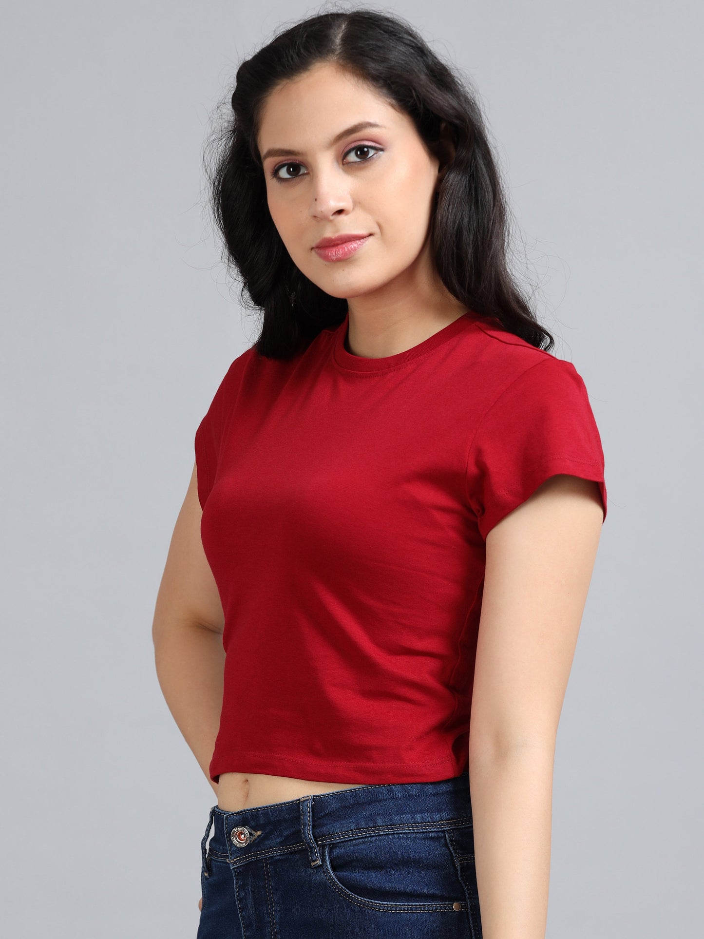 Women Crew Neck Crop Tee - Red