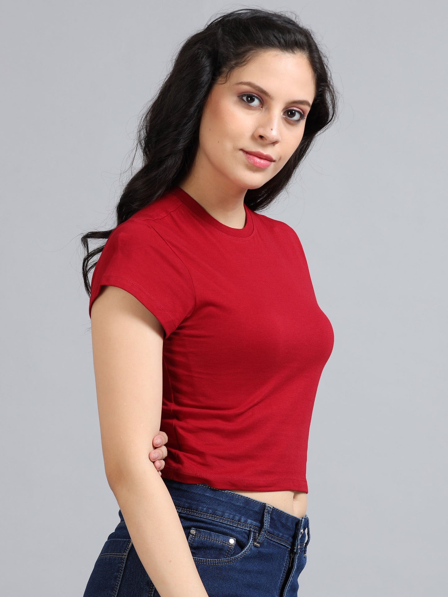 Women Crew Neck Crop Tee - Red
