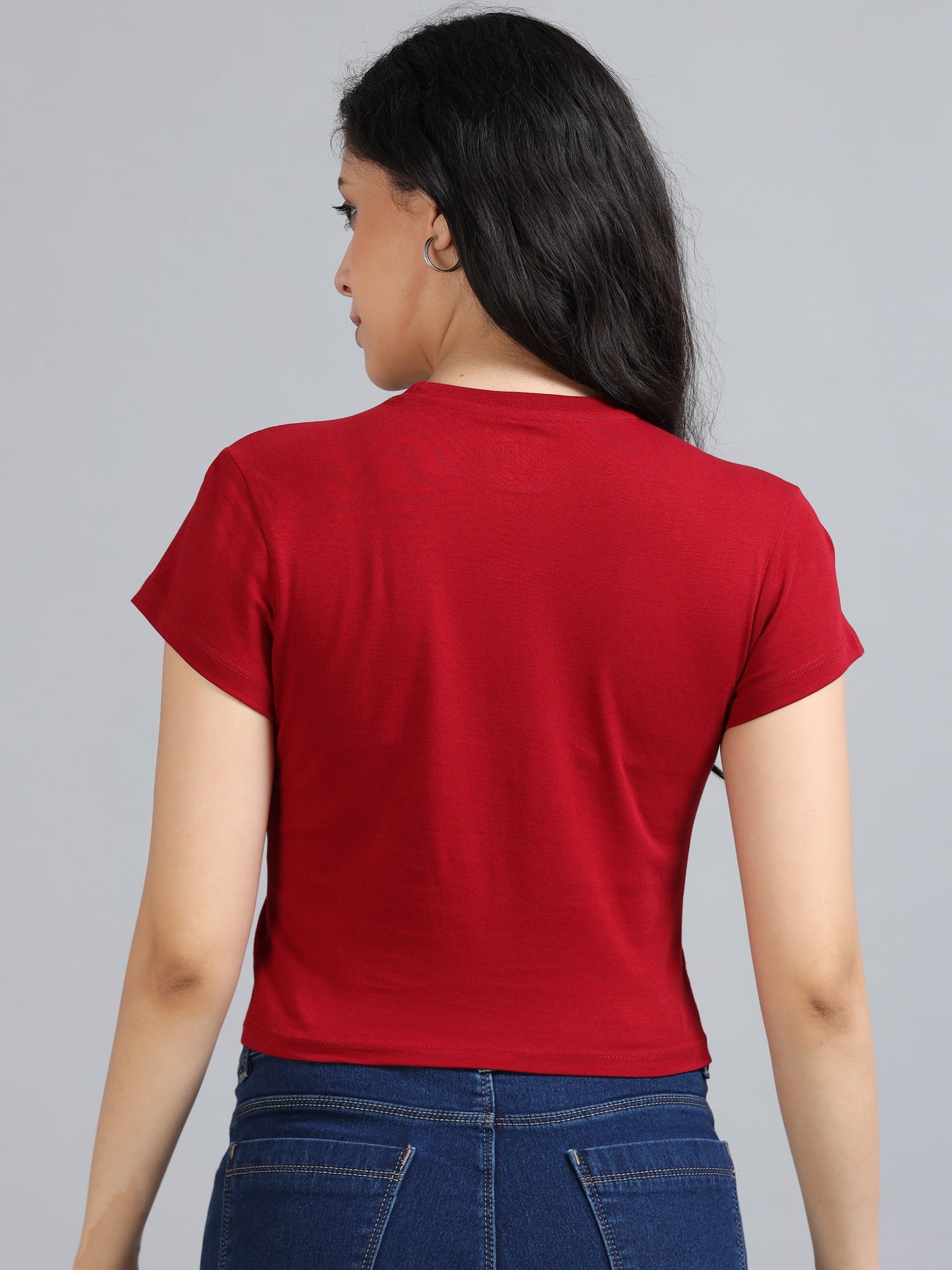 Women Crew Neck Crop Tee - Red