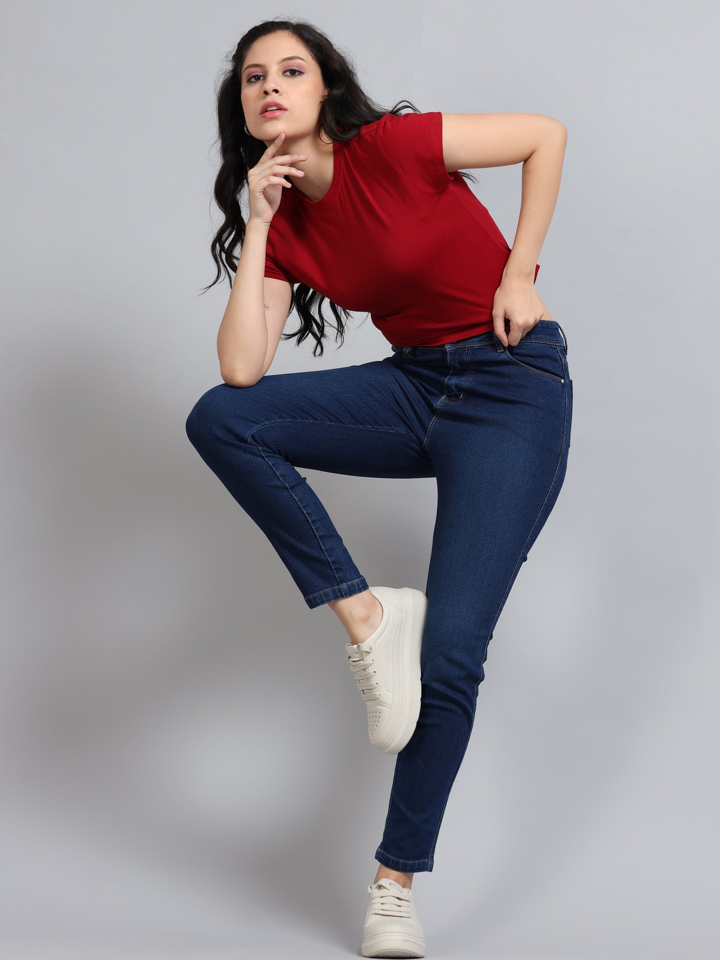 Women Crew Neck Crop Tee - Red