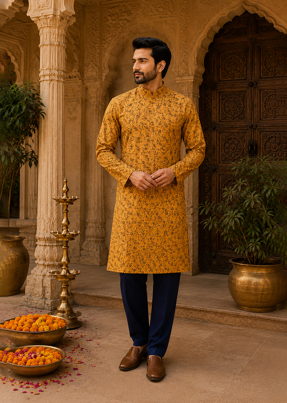 Kakki Colour Print Kurta