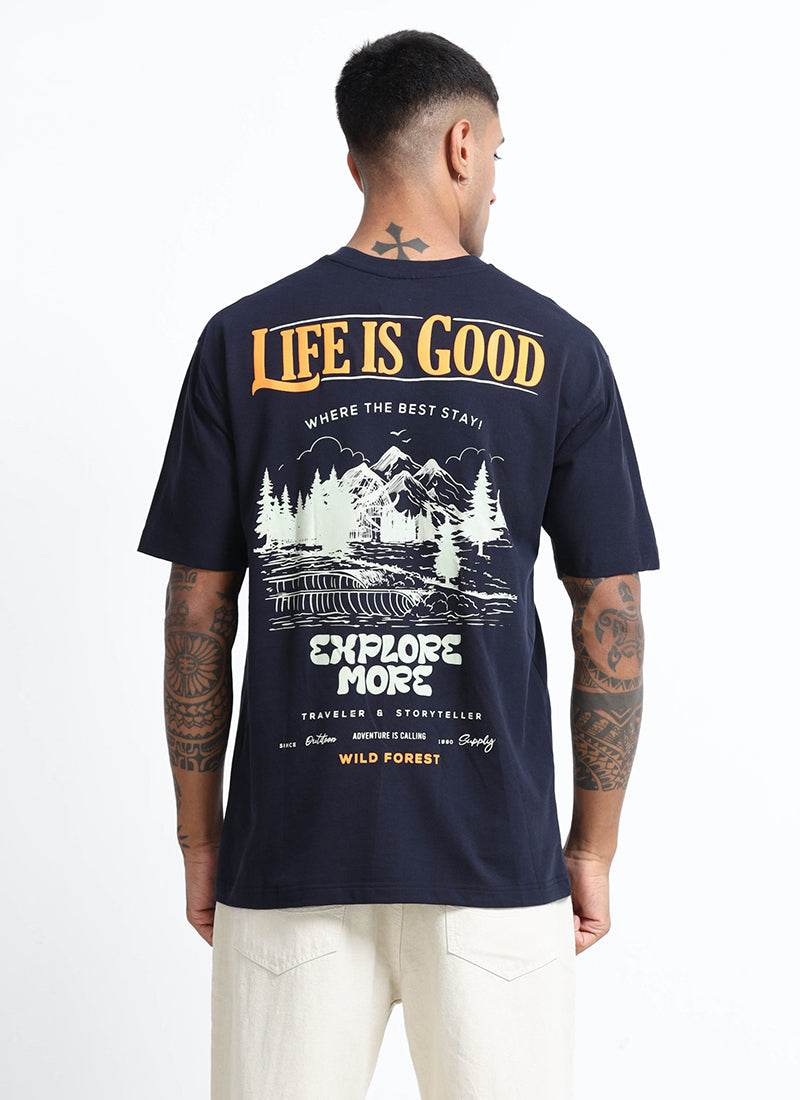 LIFE IS GOOD Oversized Cotton Printed T-Shirt Navy Blue