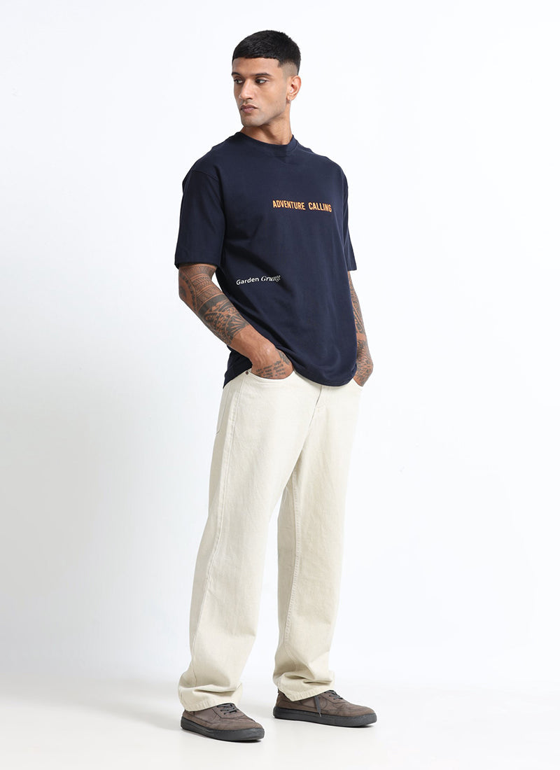 LIFE IS GOOD Oversized Cotton Printed T-Shirt Navy Blue