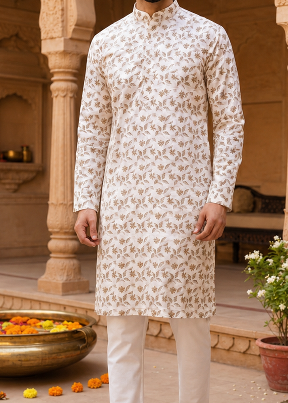 Light Brown Leaf Print Kurta with white pajama