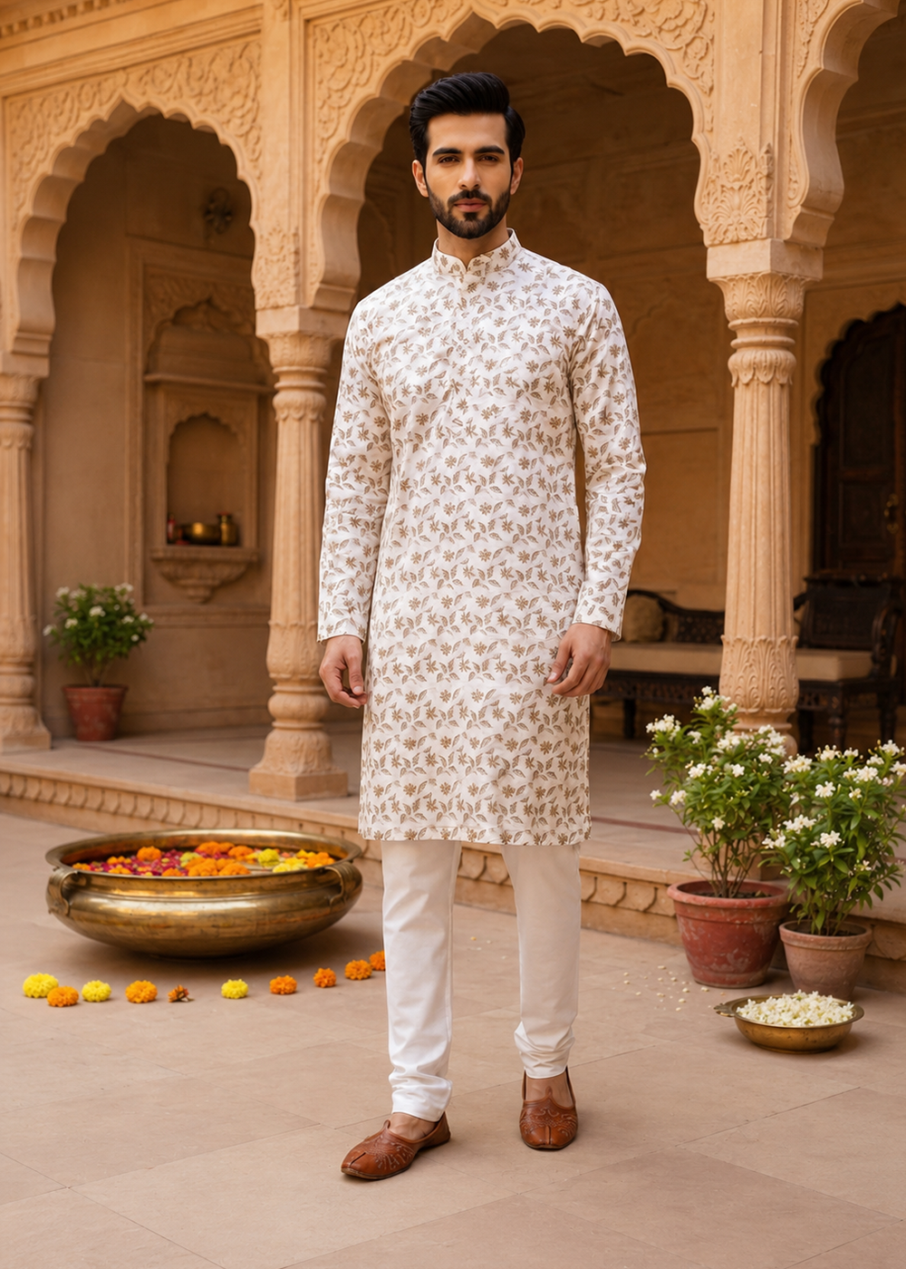 Light Brown Leaf Print Kurta with white pajama