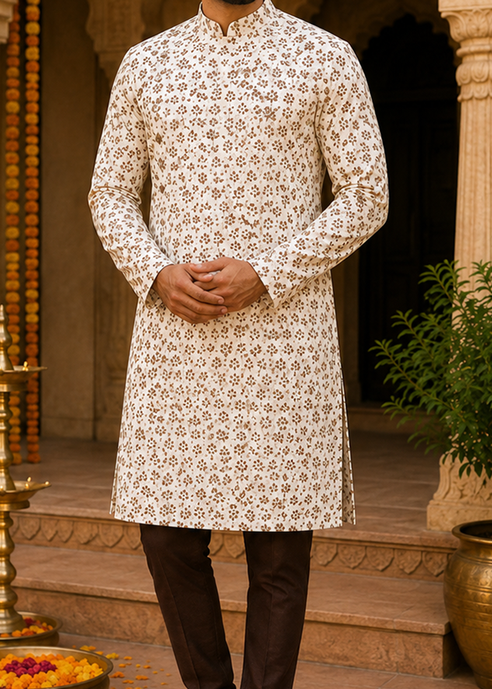 Light Brown Leaf Print Kurta with brown pajama
