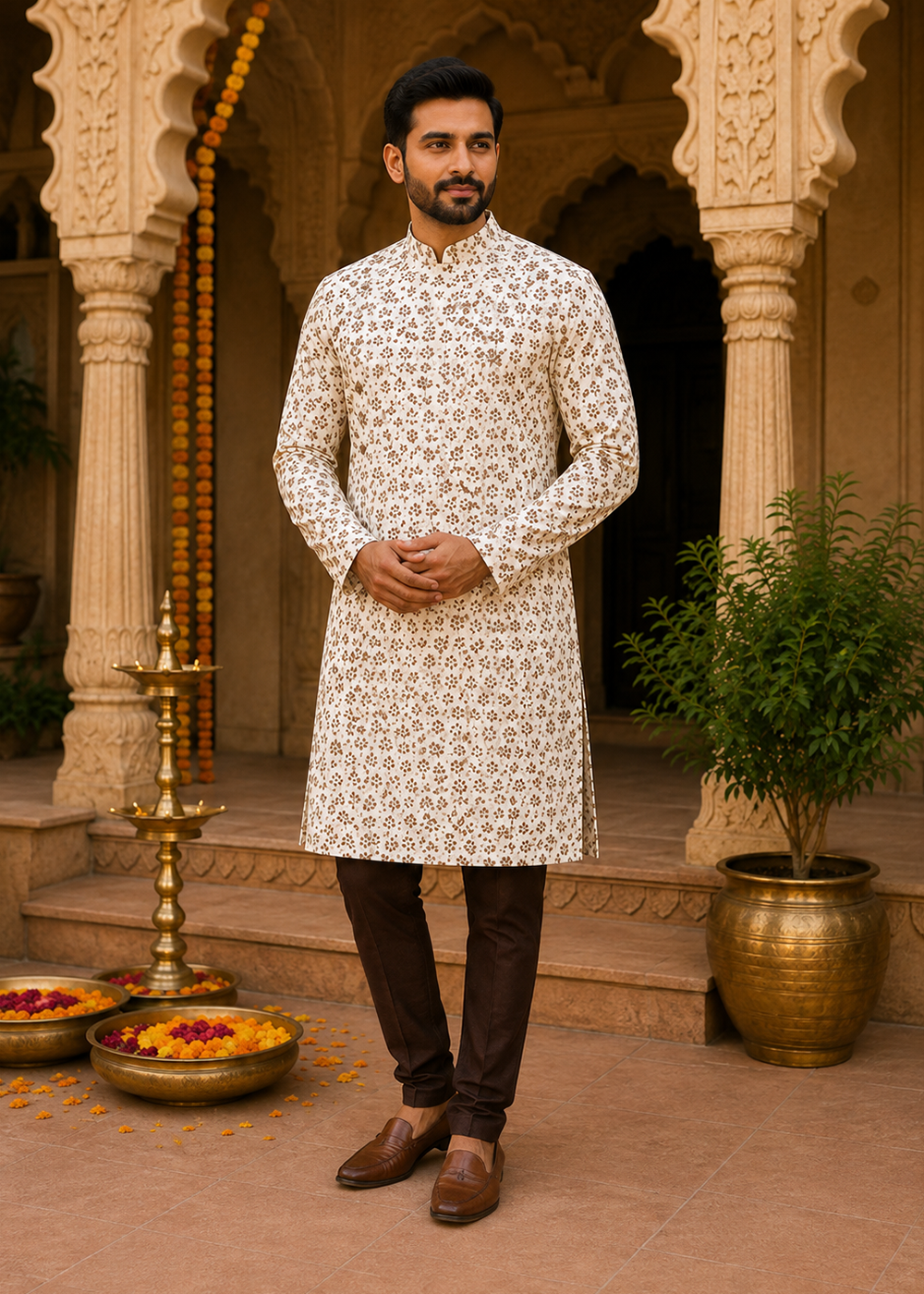 Light Brown Leaf Print Kurta with brown pajama