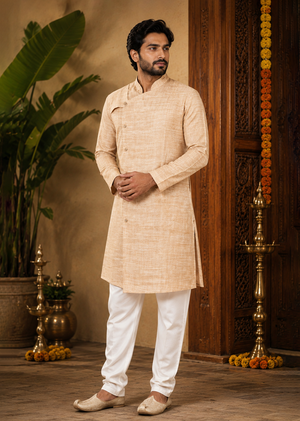 Light Orrange Plain Celebration Kurta