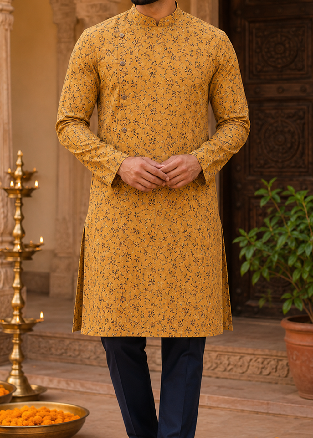 Mustard Colour Print Kurta