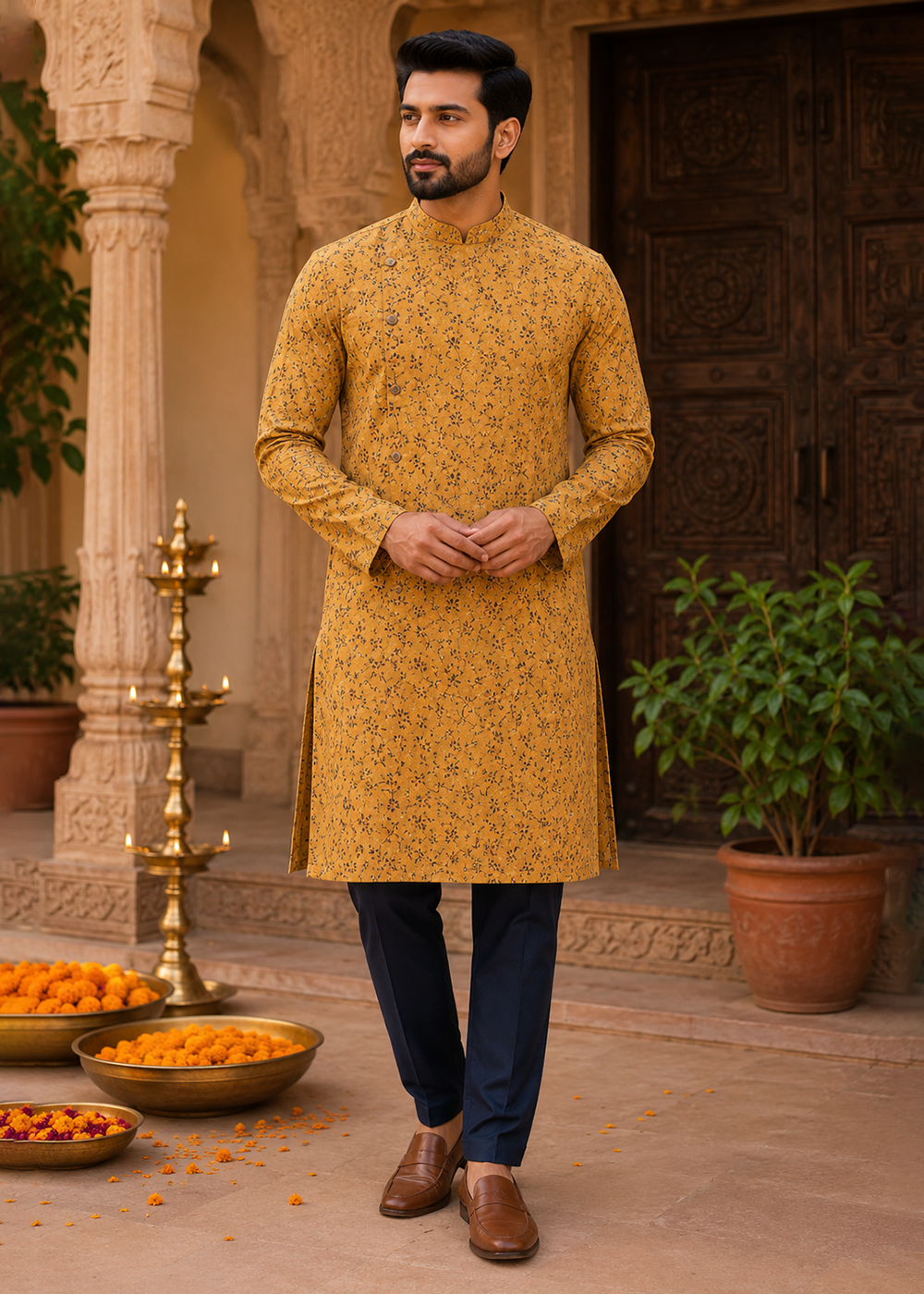 Mustard Colour Print Kurta