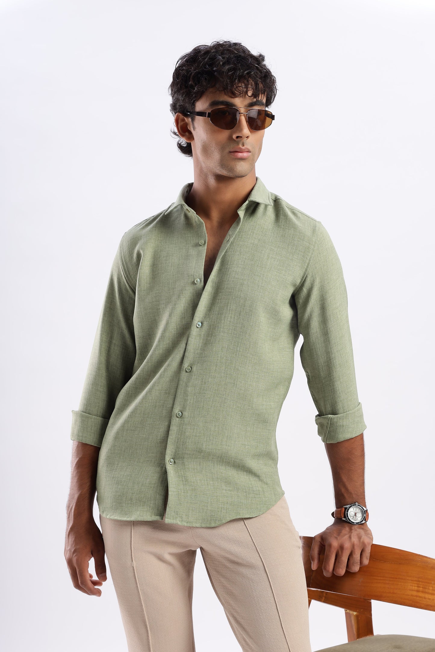 Men Air Like Linen Vintage Shirt-Lt Green