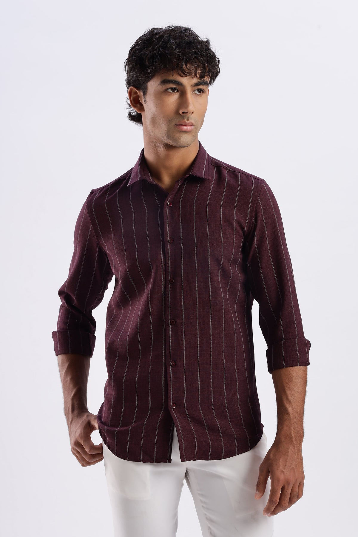 Men Air Like Linen Stripes Shirt-Maroon