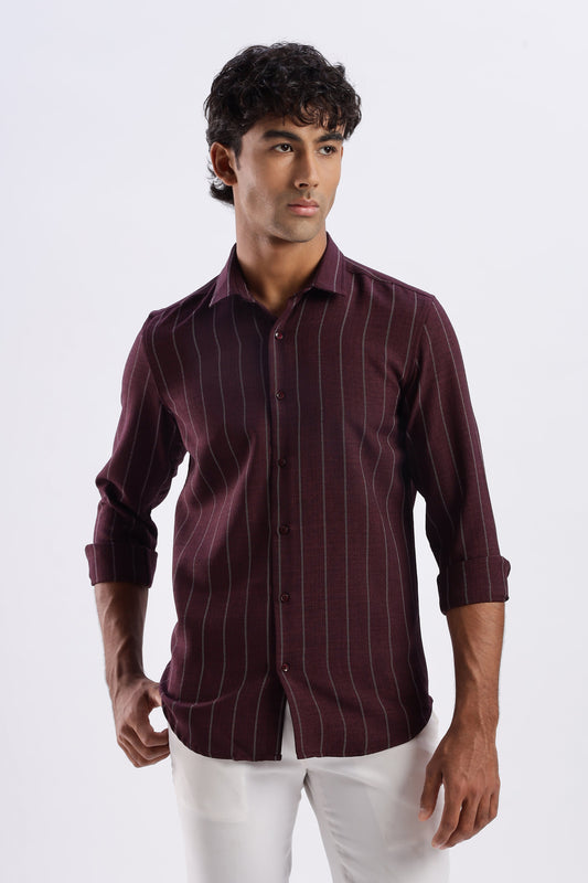 Men Air Like Linen Stripes Shirt-Maroon