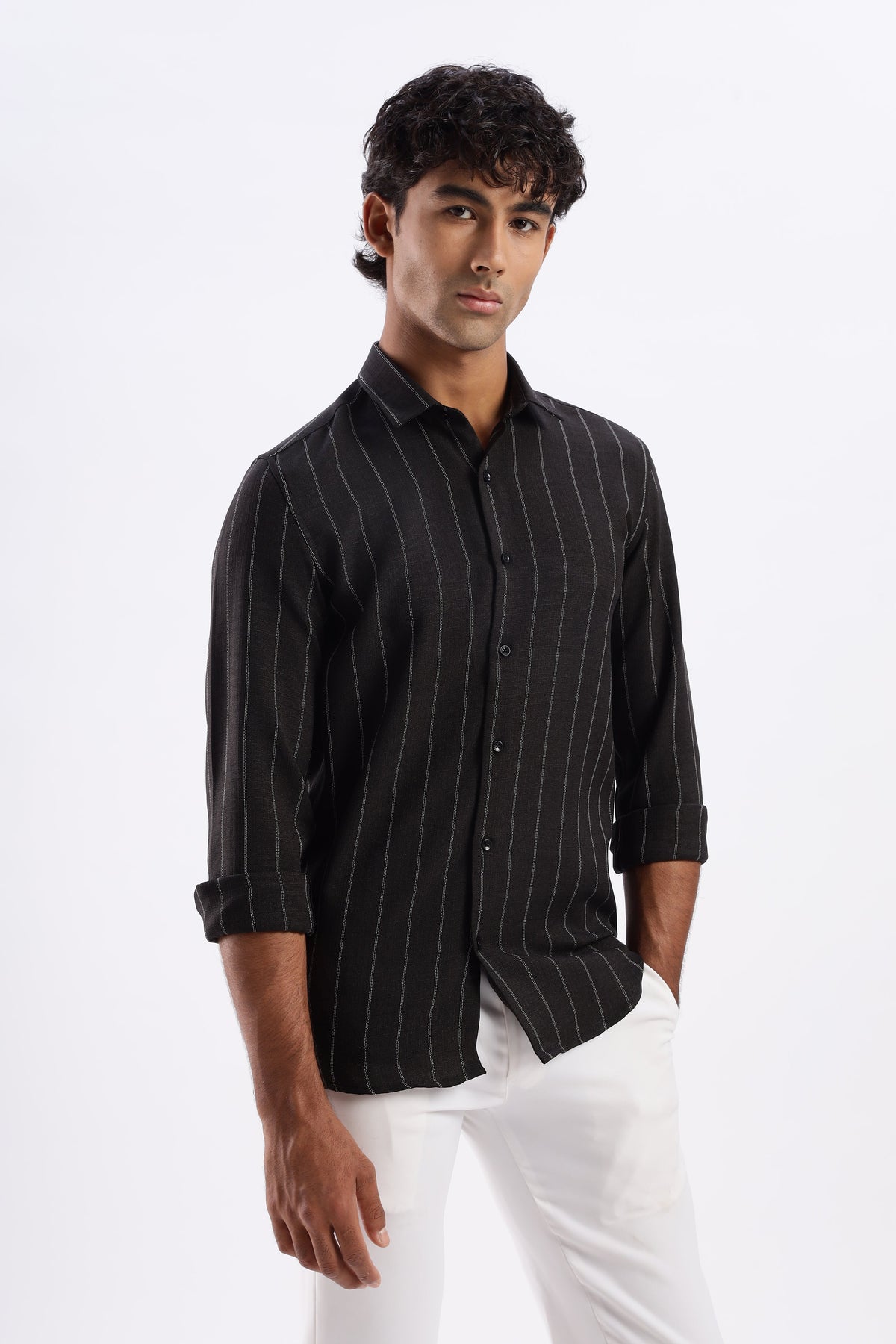 Men Air Like Linen Stripes Shirt-Black