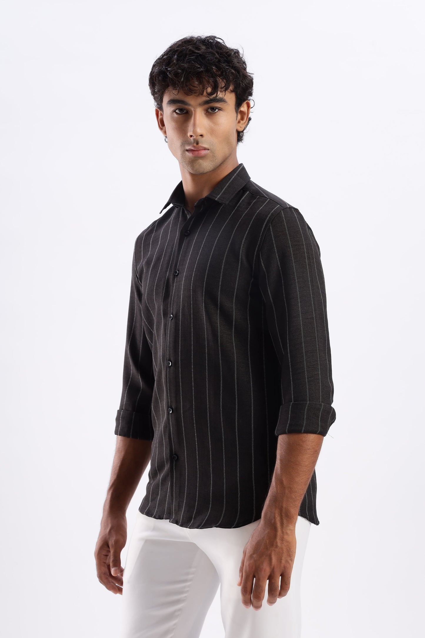 Men Air Like Linen Stripes Shirt-Black