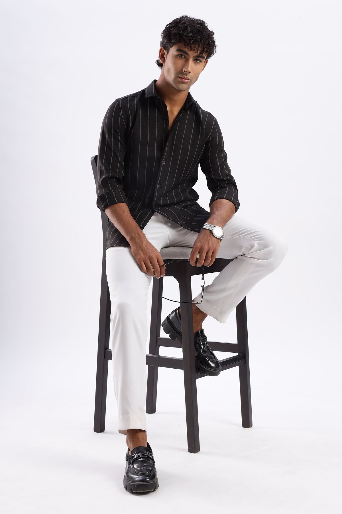 Men Air Like Linen Stripes Shirt-Black