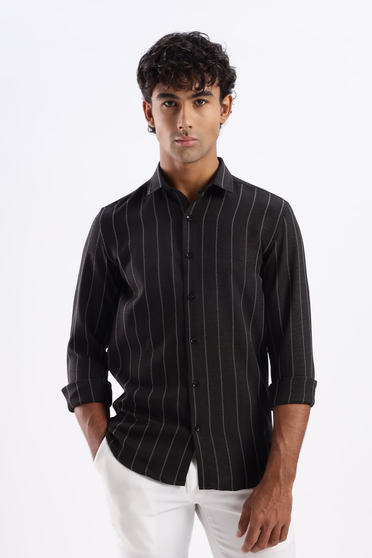 Men Air Like Linen Stripes Shirt-Black