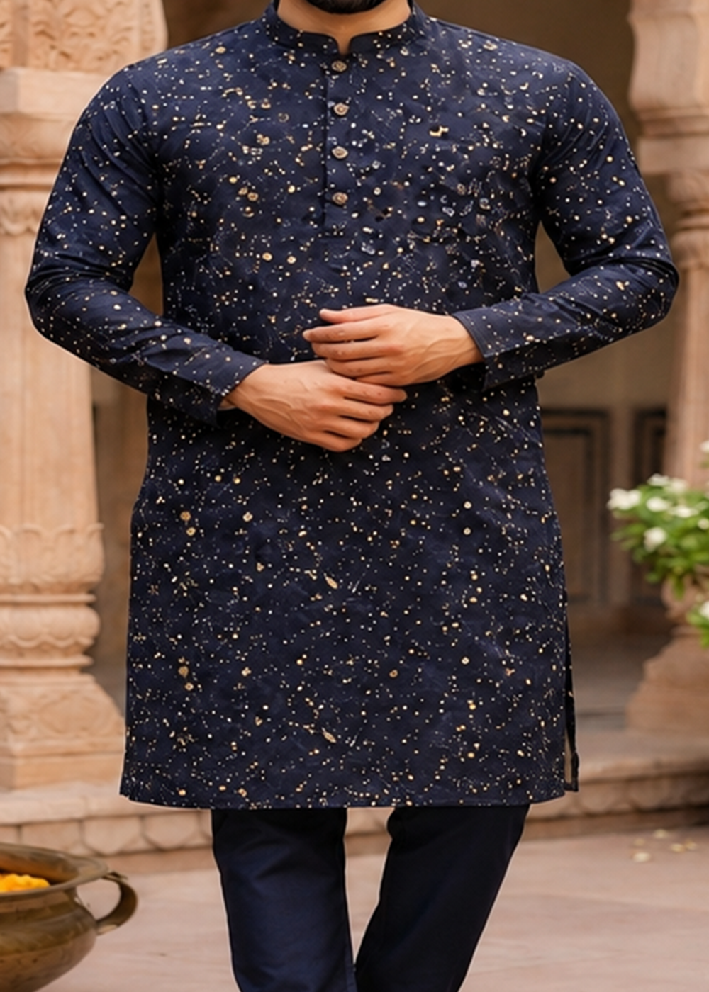 Navy Blue Leaf Print Kurta