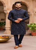 Navy Blue Leaf Print Kurta