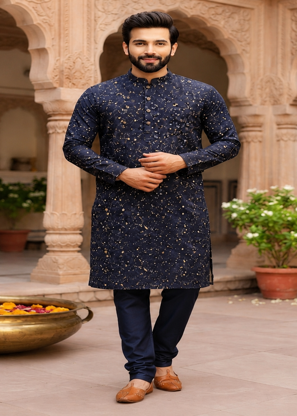 Navy Blue Leaf Print Kurta
