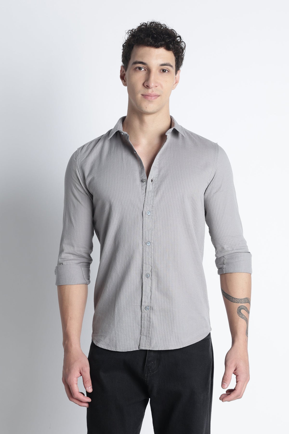 Men Curio Cotton Stripes Shirt-Grey