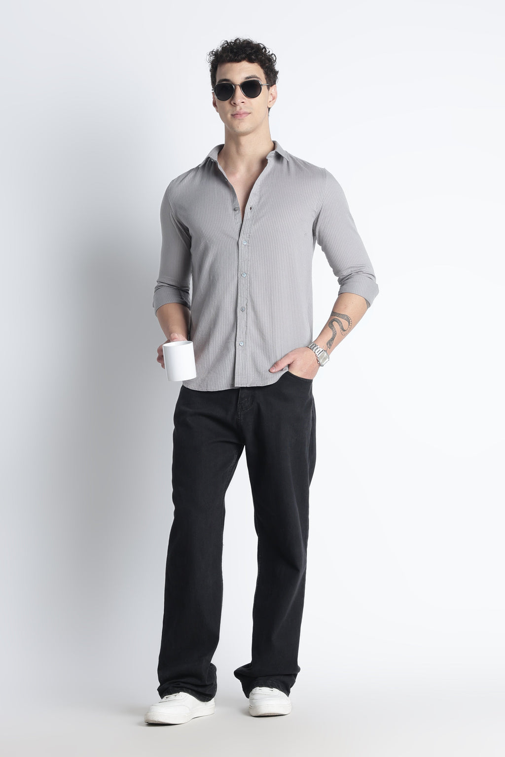 Men Curio Cotton Stripes Shirt-Grey