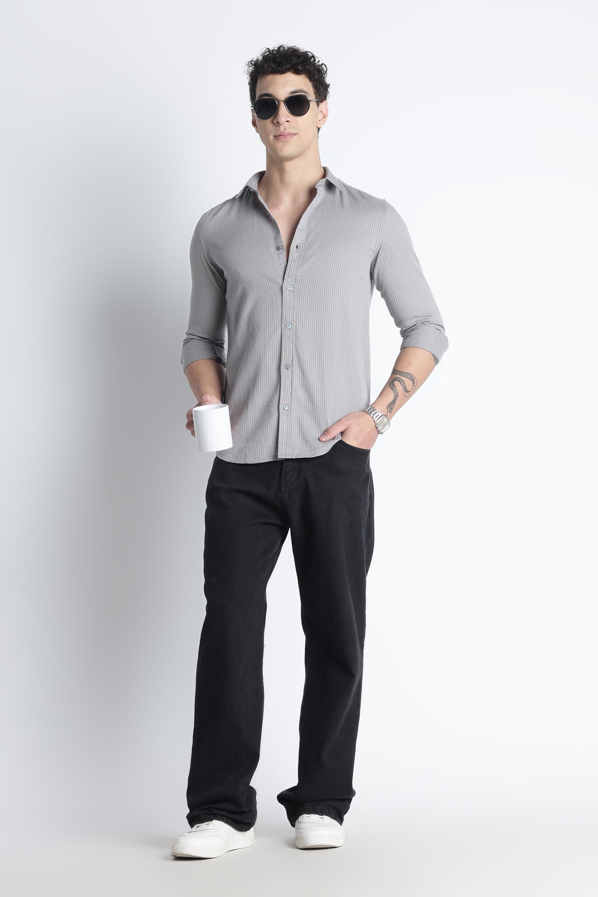 Men Curio Cotton Stripes Shirt-Grey