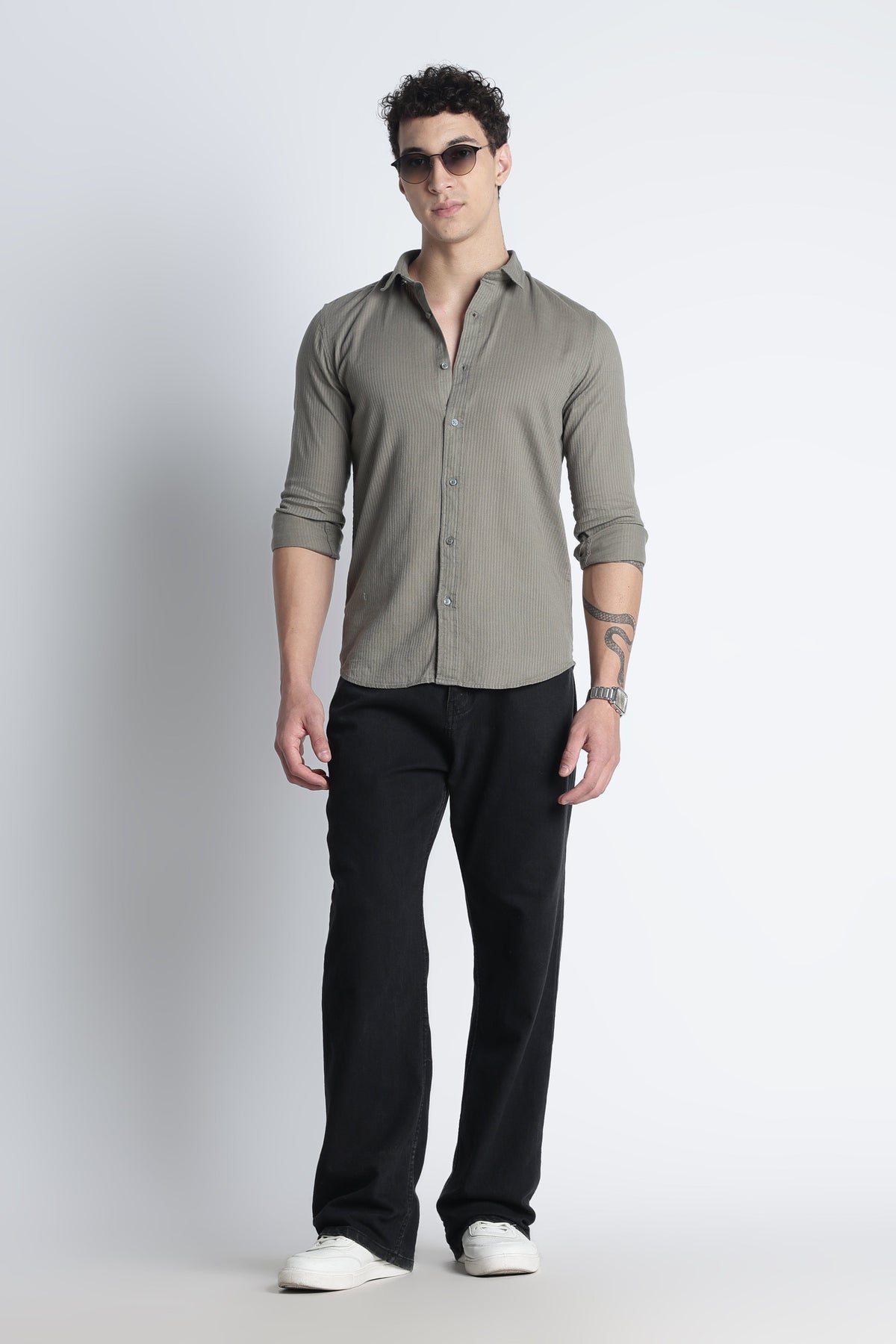 Men Curio Cotton Stripes Shirt-Olive