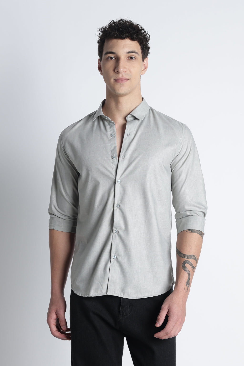 Men Liquid Nylon Plain Shirts-Lt Grey