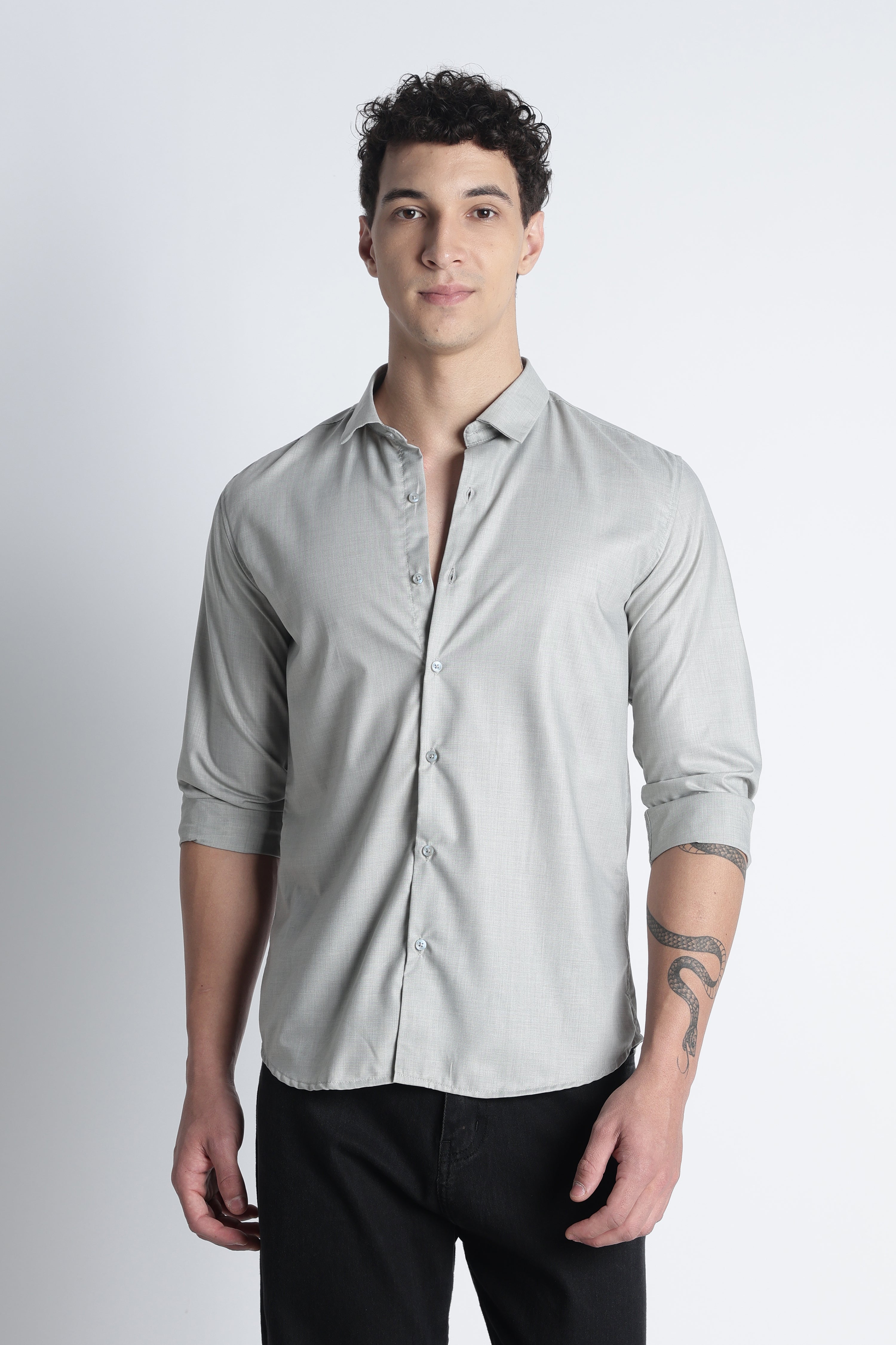 Men Liquid Nylon Plain Shirts-Lt Grey