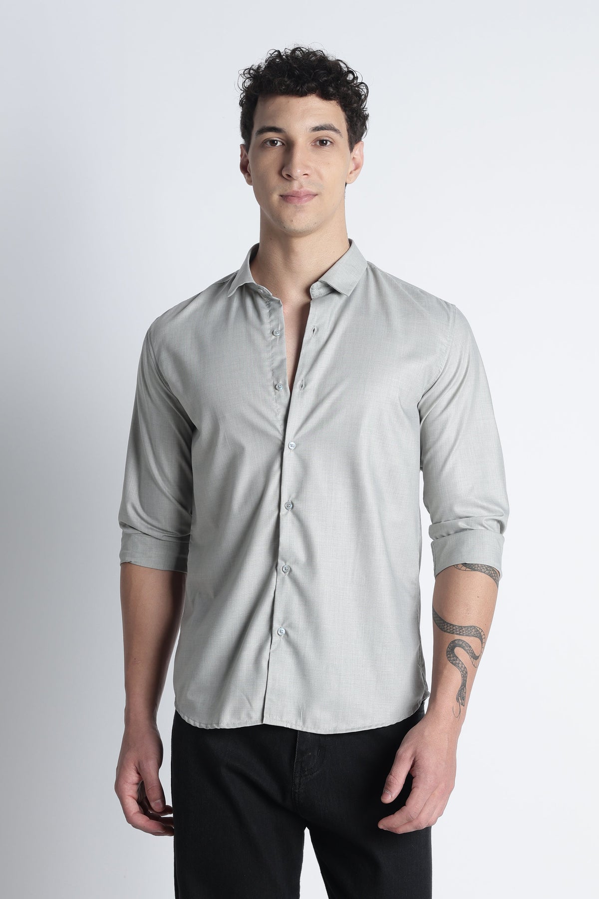 Men Liquid Nylon Plain Shirts-Lt Grey