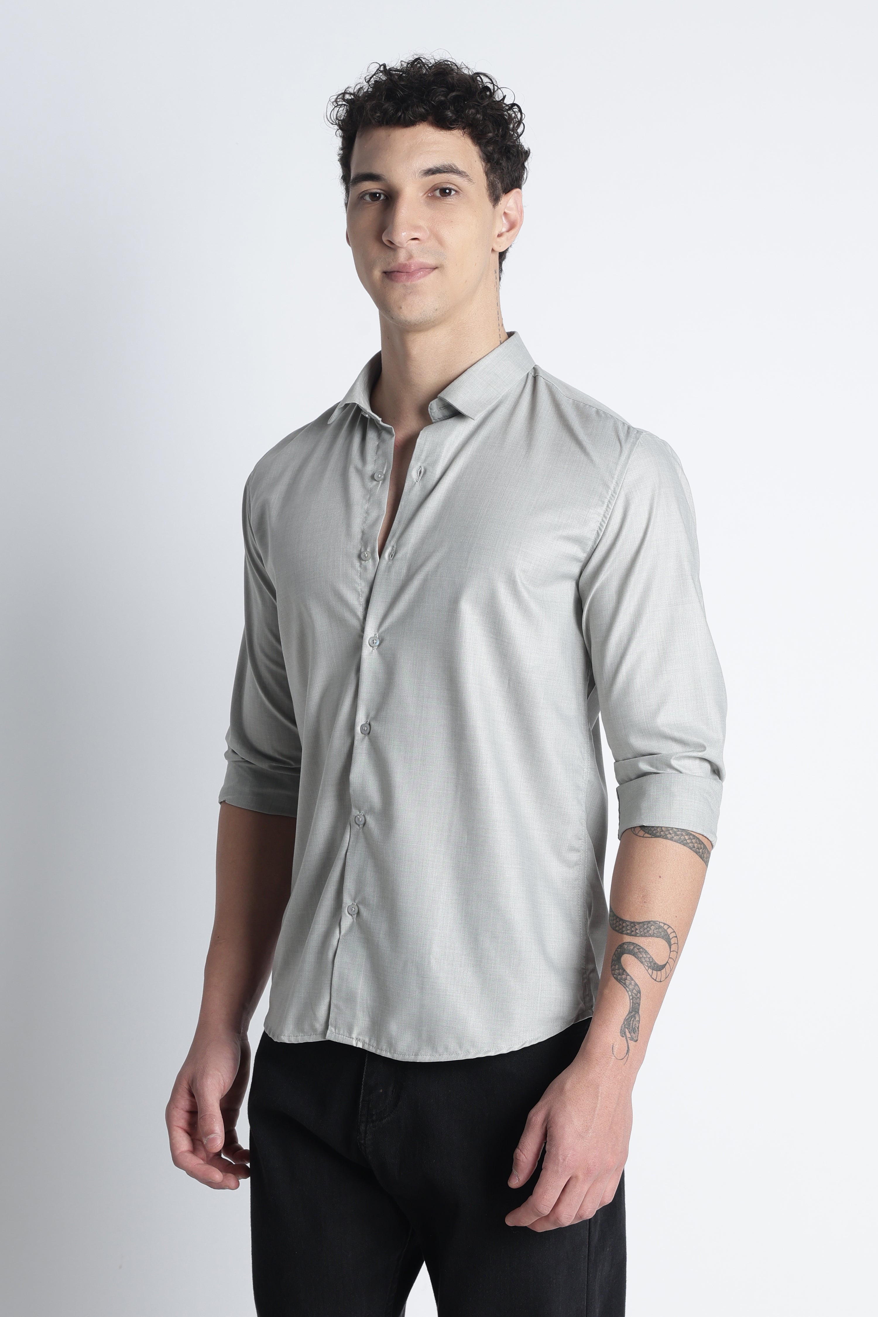 Men Liquid Nylon Plain Shirts-Lt Grey