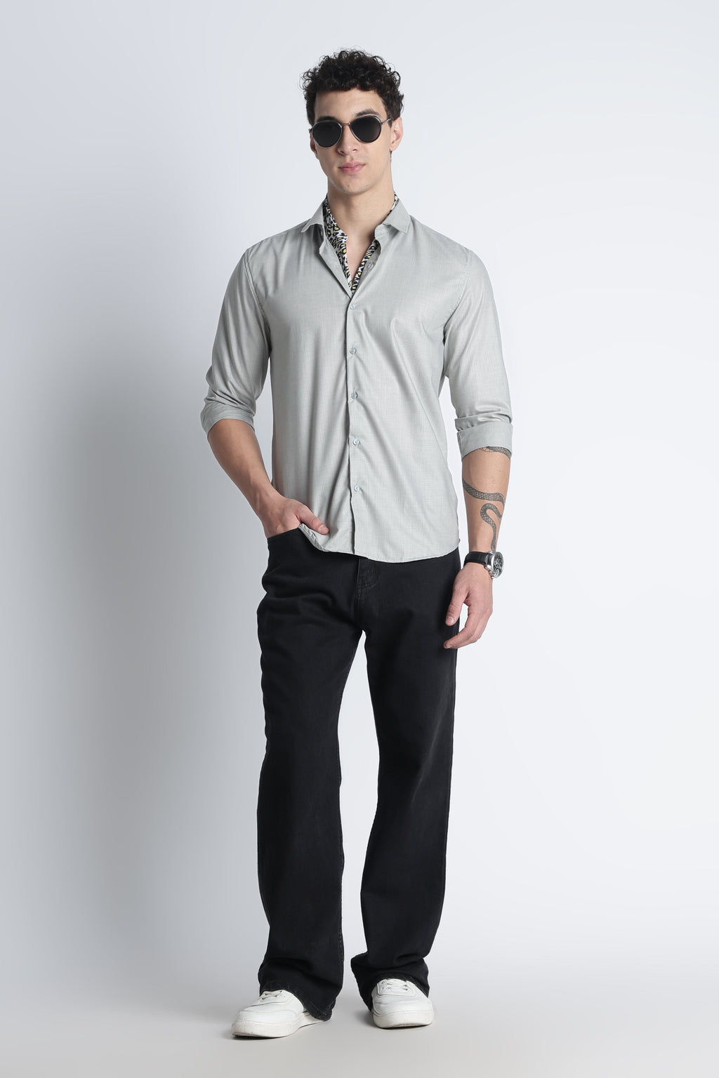 Men Liquid Nylon Plain Shirts-Lt Grey