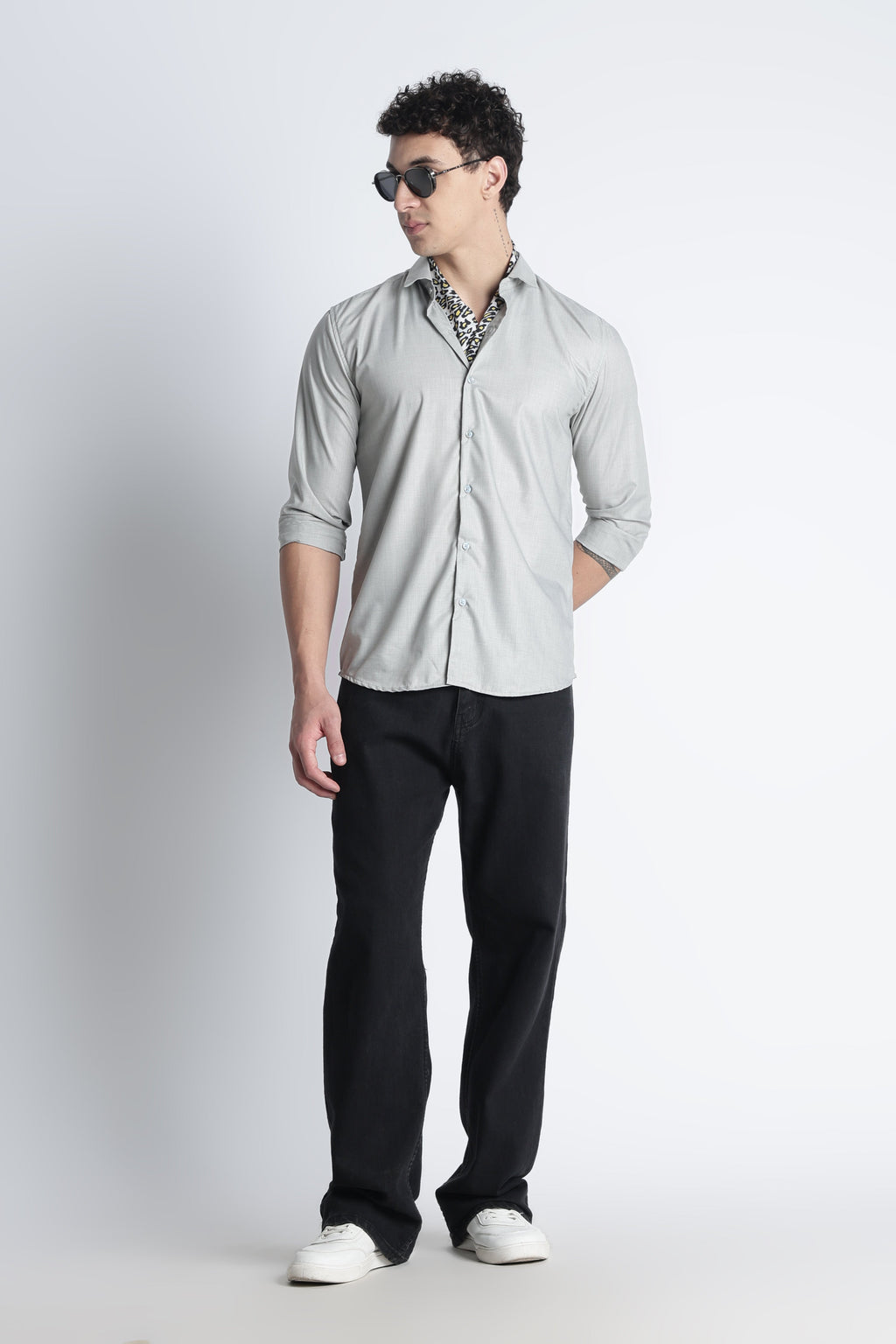 Men Liquid Nylon Plain Shirts-Lt Grey