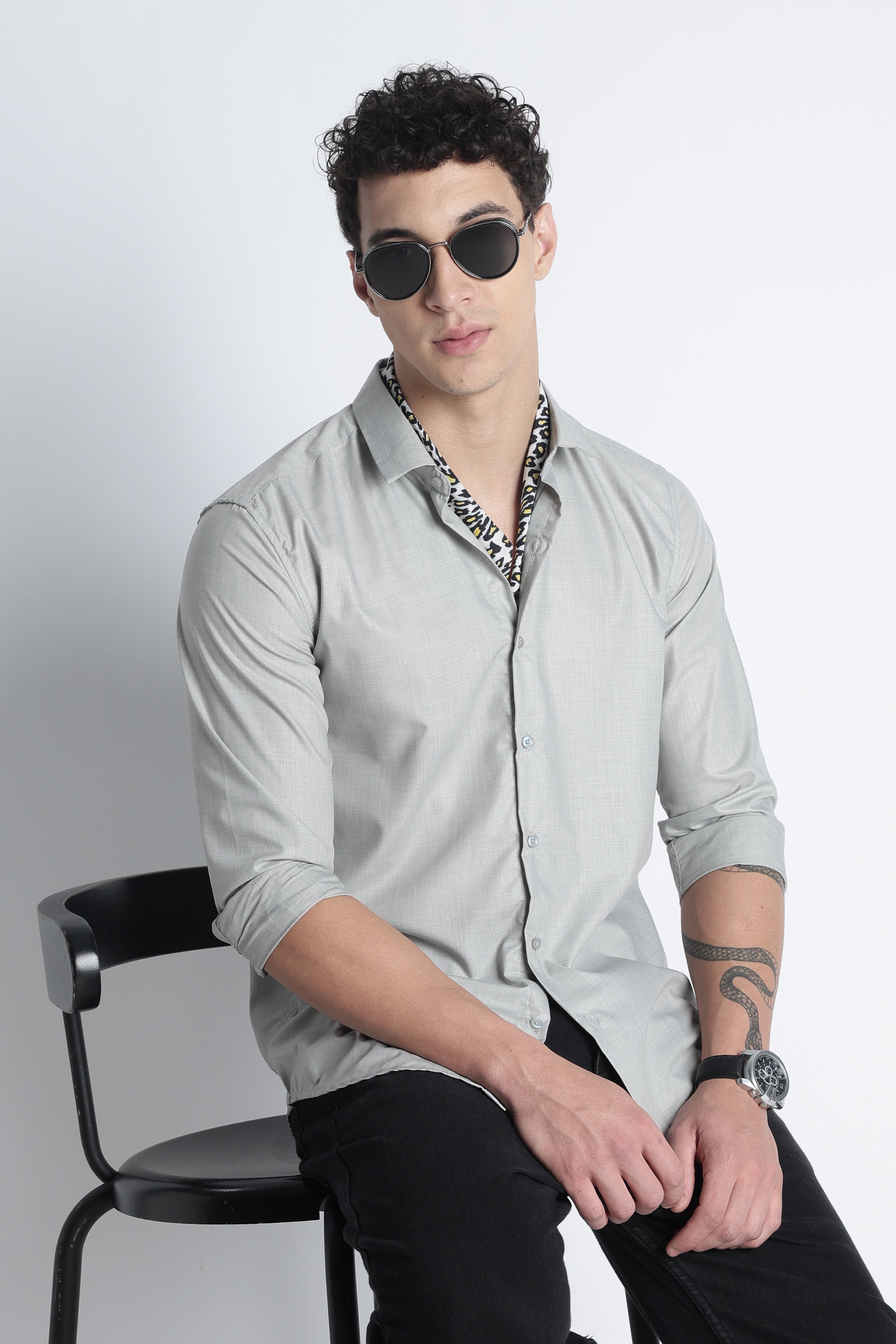 Men Liquid Nylon Plain Shirts-Lt Grey