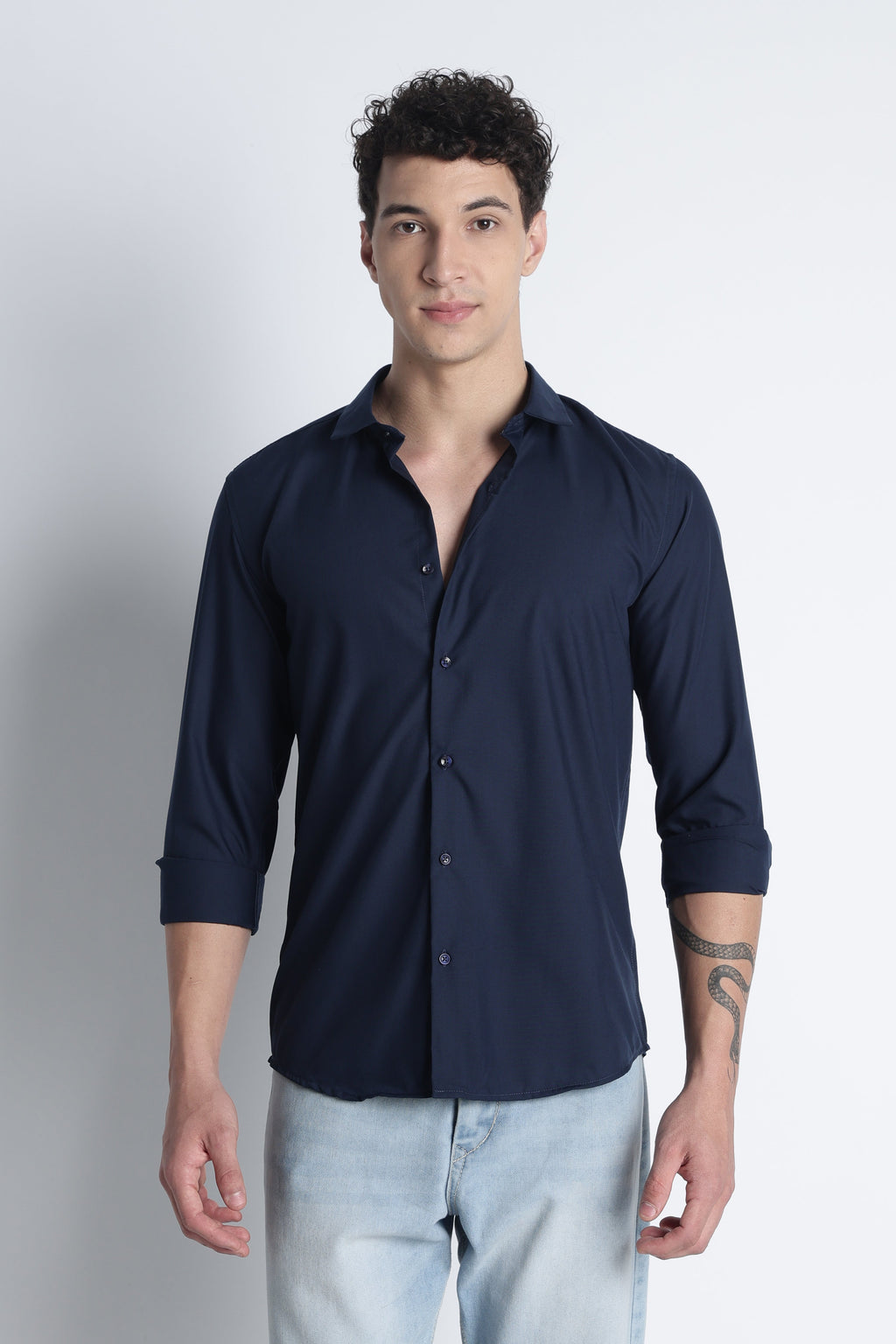 Men Liquid Nylon Plain Shirts-Navy