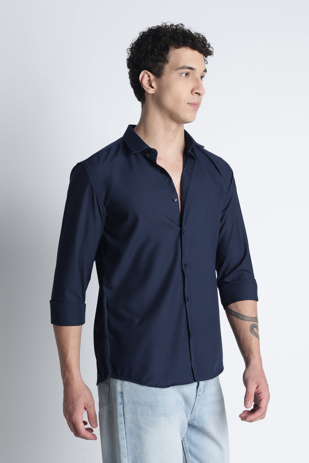 Men Liquid Nylon Plain Shirts-Navy