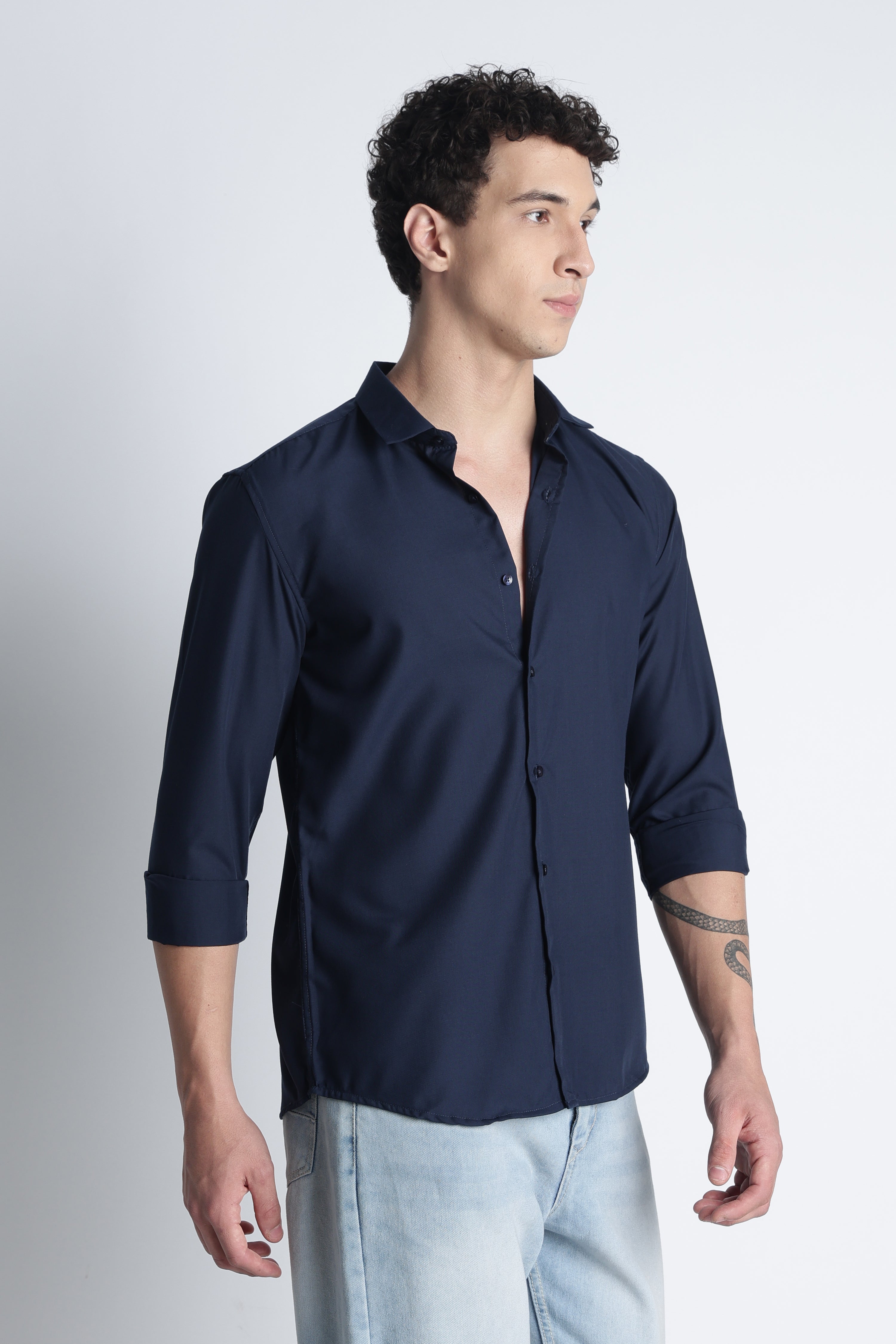 Men Liquid Nylon Plain Shirts-Navy
