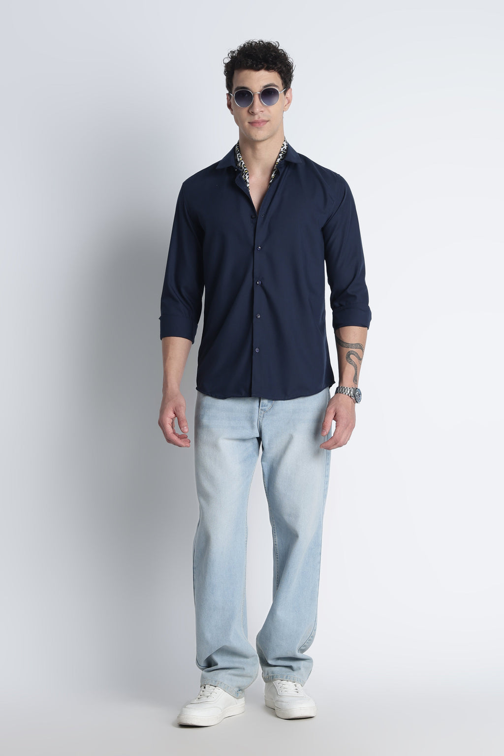 Men Liquid Nylon Plain Shirts-Navy