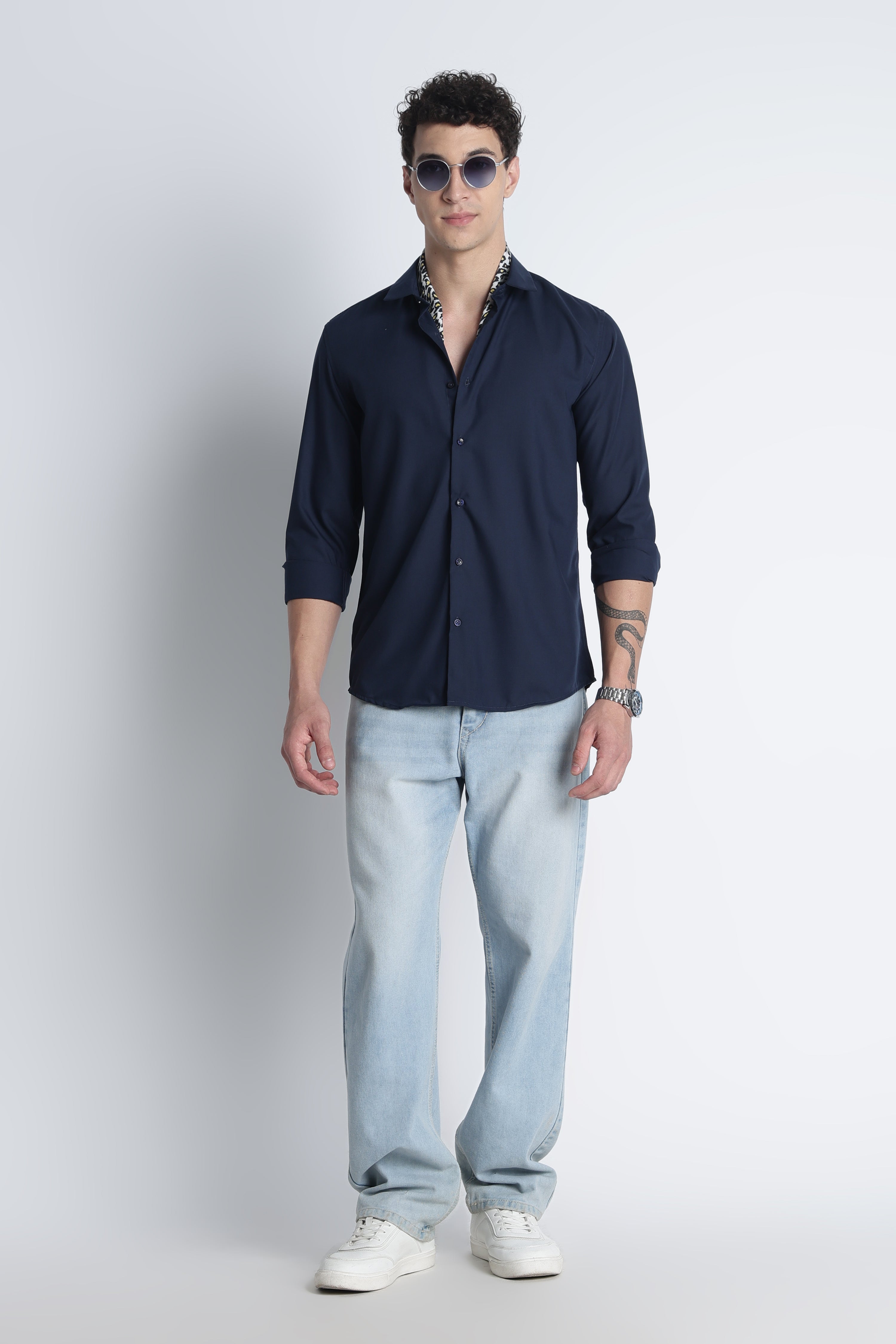 Men Liquid Nylon Plain Shirts-Navy